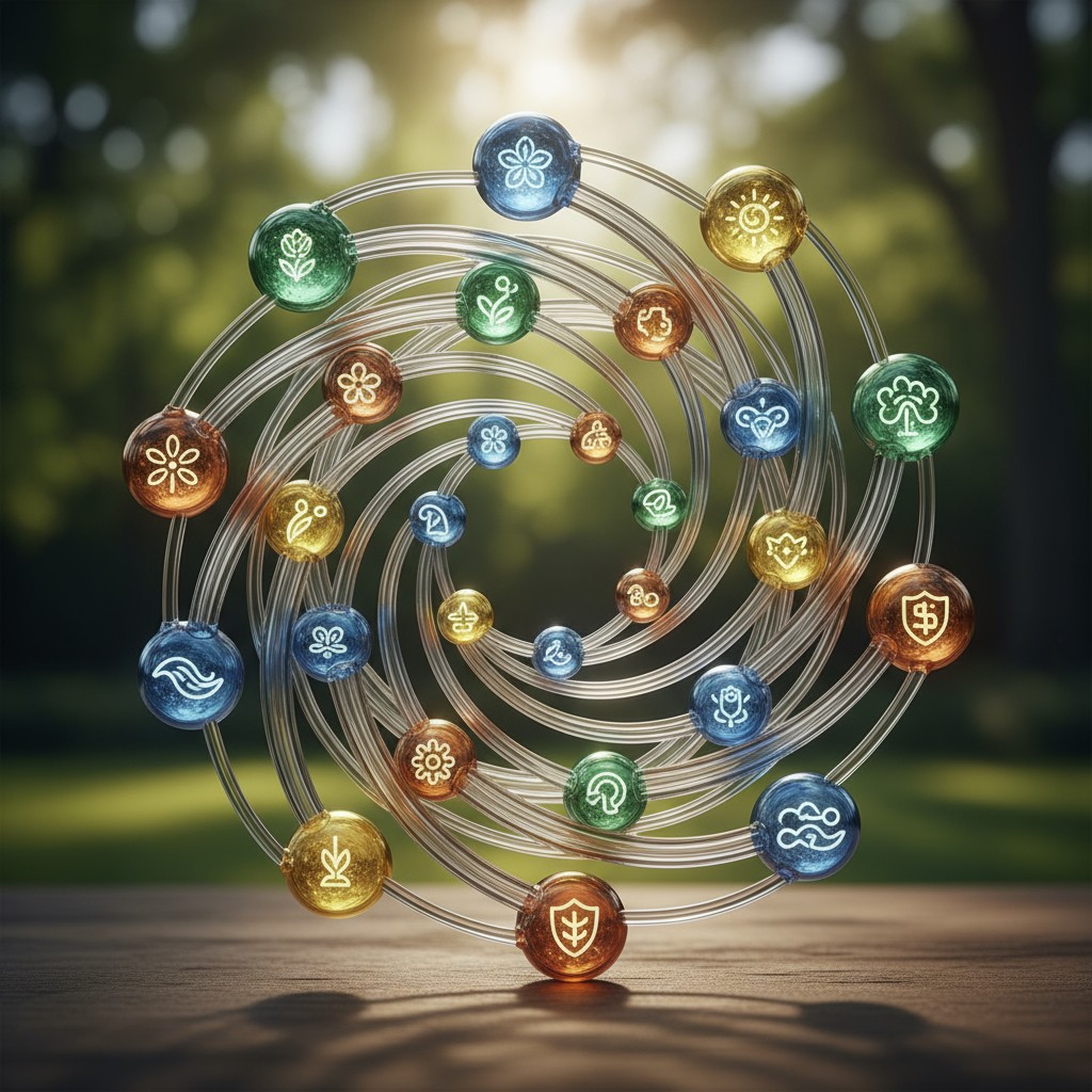 The sun's rays shining through trees create a beautiful forest backdrop. The image features 25 glass orbs of varying sizes...