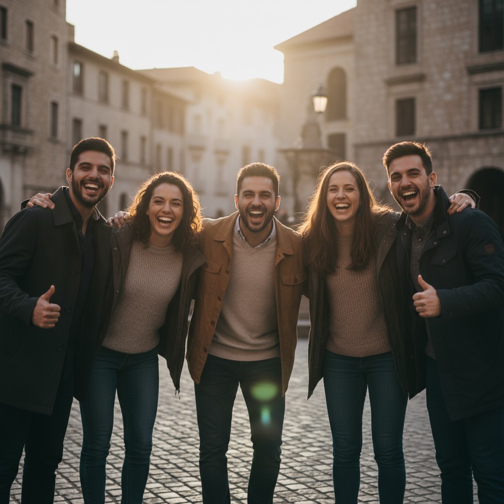 four people standing in a group on a cobblestone street in Europe, wearing jeans and neutral colored sweaters and jacket a...