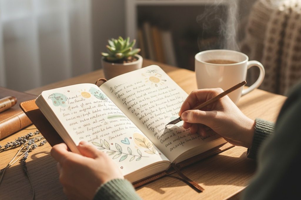 Woman writing on a journal in a cozy home setting