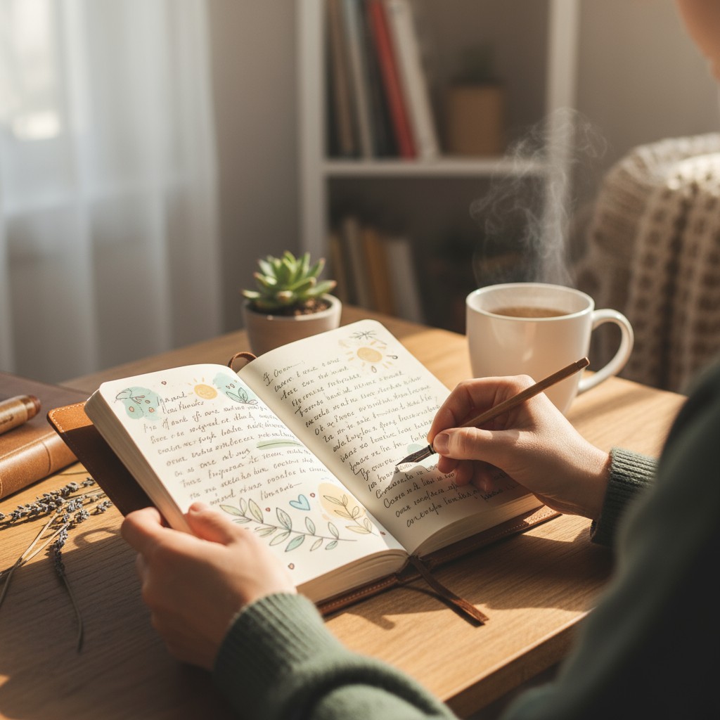 Woman writing on a journal in a cozy home setting