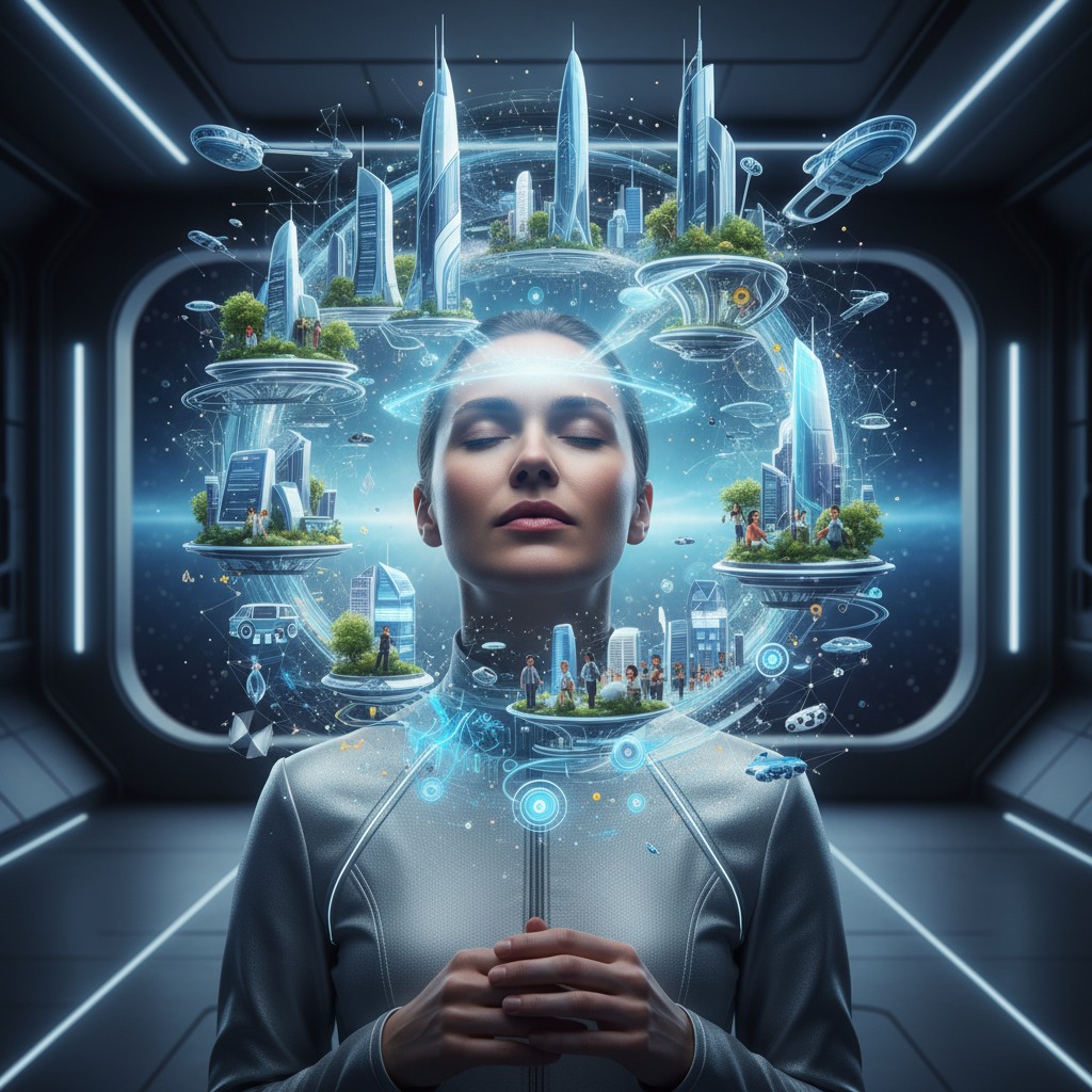 In a futuristic cityscape, a woman stands with her hands together in a contemplative pose. The skyscrapers and flying cars...