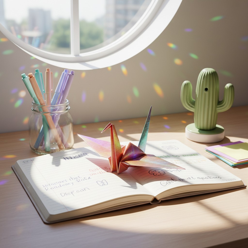 A desk with a notebook, pens, and a paper crane in front of a window with rainbow light refracting through it.