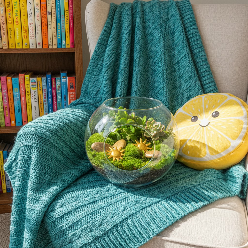 A glass terrarium on a teal knitted throw sits in a white chair with a stuffed lemon companion, ventilated by a half-open ...