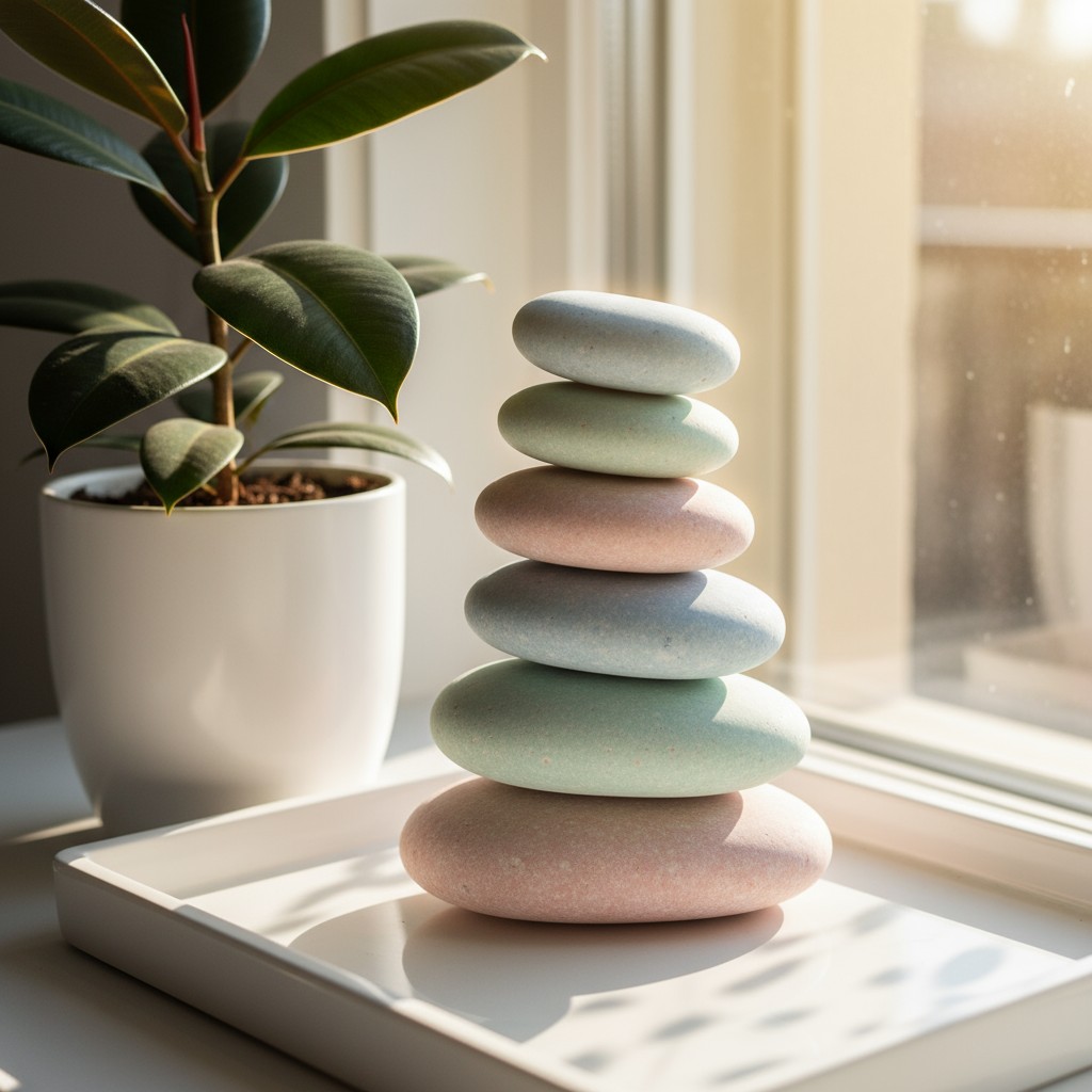 An image of a stack of smooth, rounded stones that are dusty pink, soft green, and white on a white tray on a window sill,...