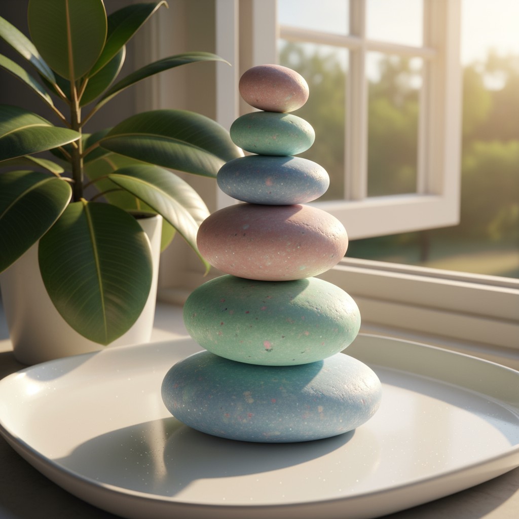A stack of painted stones on a white tray, in front of a windowsill with a green plant.
