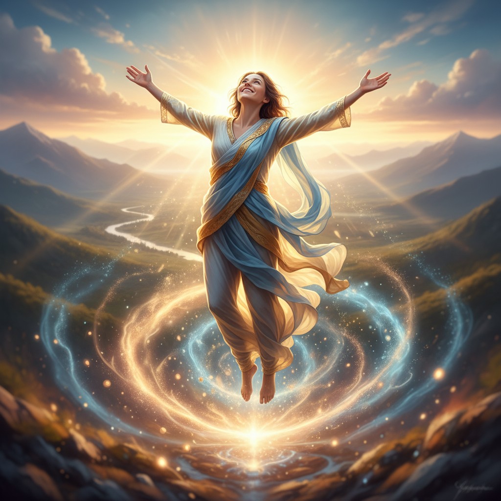 Synthetic image of a woman in a sunlight-infused fantasy landscape, with cosmic clarity achieved through AI-generated rend...